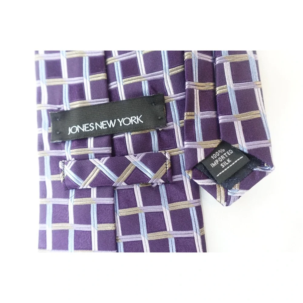 Jones New York Silk Tie Purple Blue Grid‎ Check Pattern 100% Imported Necktie